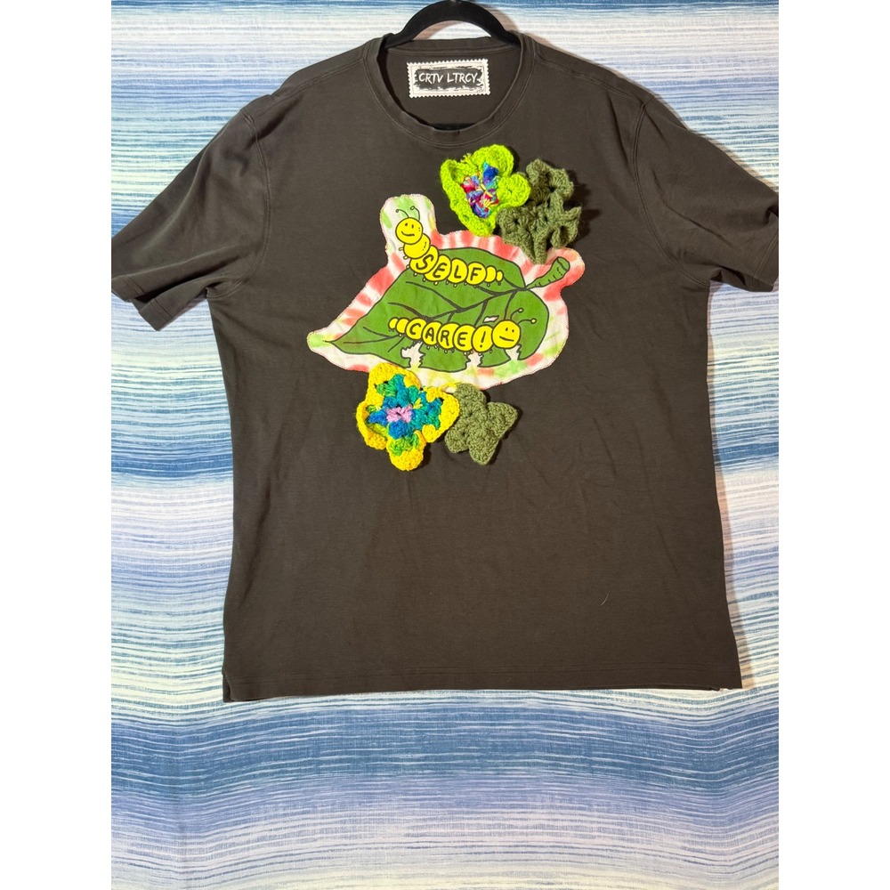 Upcycled Self Care Caterpillar Tee Crochet Floral Applique Charcoal Gray Large